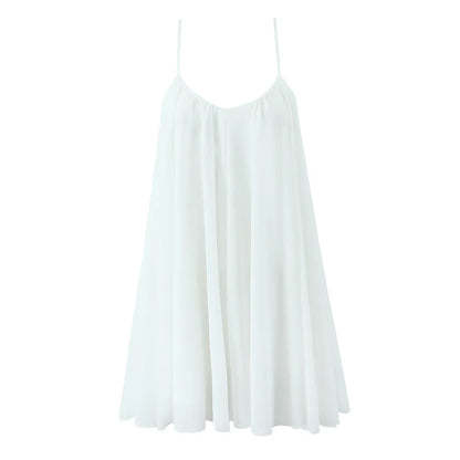 2025 BOHO Women White Big Backless Sling Dress O Neck Back Zipper Loose Swing Mini Short Dresses Holiday Robe