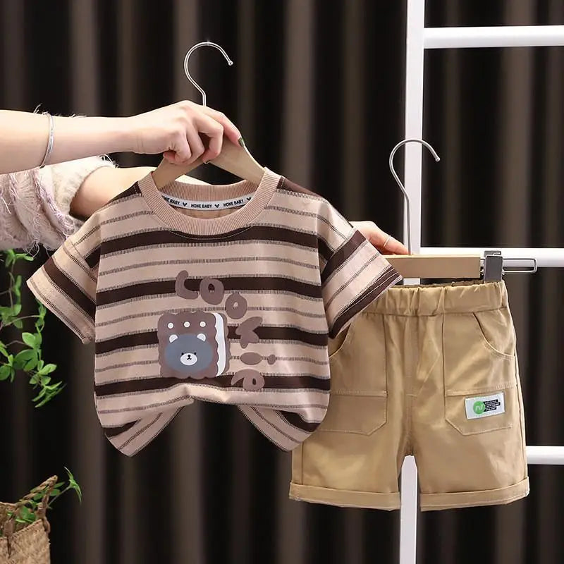 New Summer Baby Clothes Suit Children Boys Striped Beart T Shirt Shorts 2Pcs/Sets Toddler Casual Sports Costume Kids Tracksuits