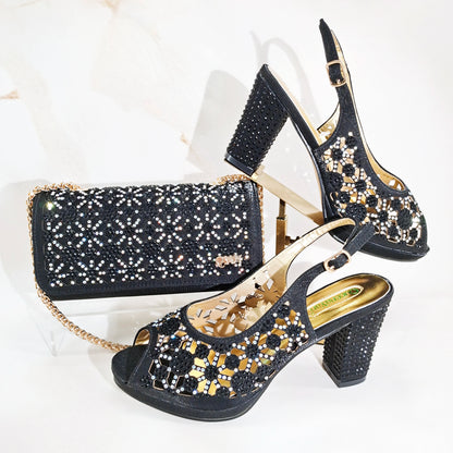 2025 New Rhinestone Design African-Inspired Shoe and Bag Set Olive Toe-Exposing Comfortable Women's High Heels Trending on INS