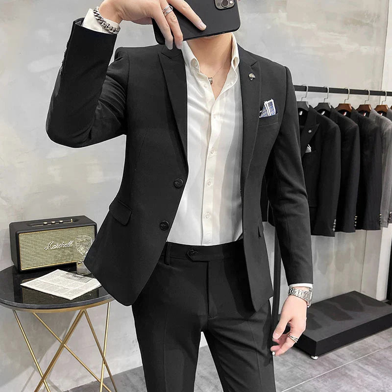 ( Blazer + Pants ) High End Brand Plaid Men's Casual Formal Office Business Suit Groom Wedding Dress Slim Suit Jacket Trousers
