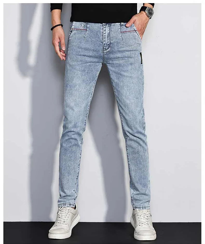 New Men's Jeans Slim Fit Stretch Straight Vintage Trendy Denim Pants Korean Washed Soft Versatile Fashion Trousers Streetwear