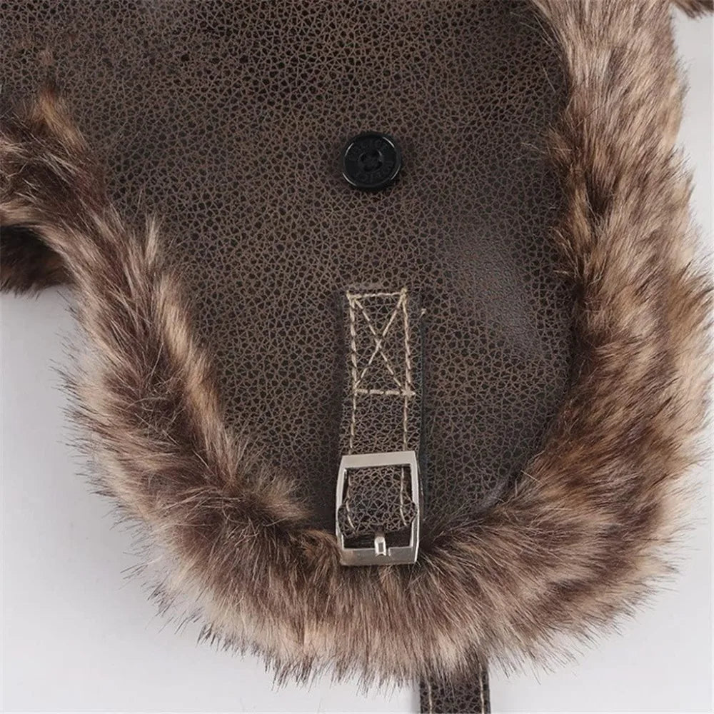New Leather Winter Hat Faux Fur Lined Pilot Ski Ushanka Thicken Warm Windproof Snow Cap With Ear Flap Men's Hats & Caps