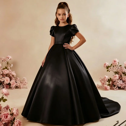 White Flower Girl Dress for Wedding With Bow Satin Floor Length Elegant First Communion Ball Birthday Party Gowns