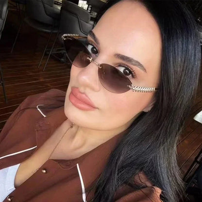2026 Cat Eye Rivet Rimless Sunglasses Women Luxury Fashion Brand Oval Narrow Sun Glasses Shades Trendy Elegant Unique Eyewear
