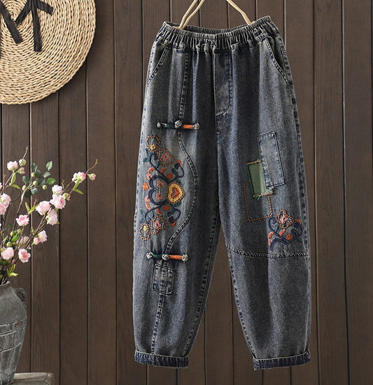 Fashion Y2K Women's Jeans plus Size Elastic Waist patch embroidery print Harem Pants Autumn Vintage Loose Ripped Denim Pants