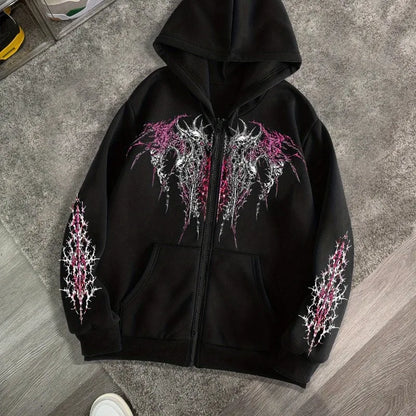 Men's Gothic Dark Print Zipper Hooded Casual Sports Sweatshirt Zipper Jacket Autumn and Winter New Casual Retro Street Style Top