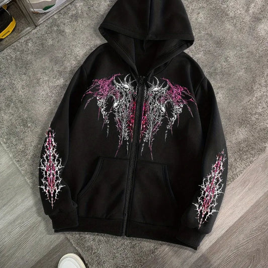 Men's Gothic Dark Print Zipper Hooded Casual Sports Sweatshirt Zipper Jacket Autumn and Winter New Casual Retro Street Style Top