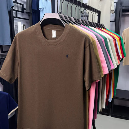 Xiaoma Embroidery Casual Pure Cotton Short Sleeved T-shirt for Young Men, Round Neck Solid Color T-shirt for Men