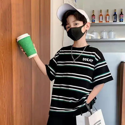 Striped Short-sleeved Shirt Boy Outfit 2025 Children's Clothing Toddler Cartoon Fashion Boys Set Kids Sweatshirt Summer Suit Top