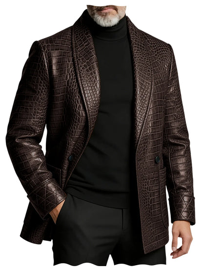 Men's Crocodile Pattern Leather Blazer 1 Button Shawl Collar Tuxedo Jacket Formal Business Wedding Coat Luxury Suit Outerwear