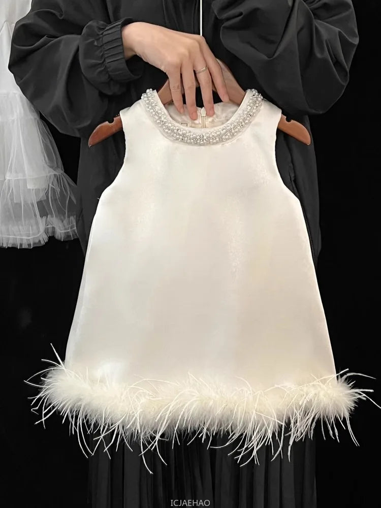 Girls Satin Feather Princess White Dress Clothes Baby Kids Birthday Party Gown Kids Formal Outfit Children Summer Costumes
