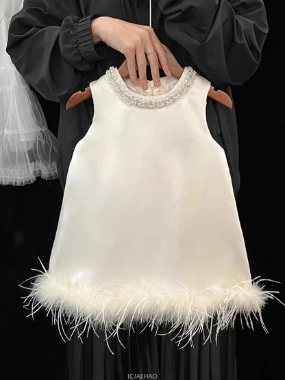 Girls Satin Feather Princess White Dress Clothes Baby Kids Birthday Party Gown Kids Formal Outfit Children Summer Costumes