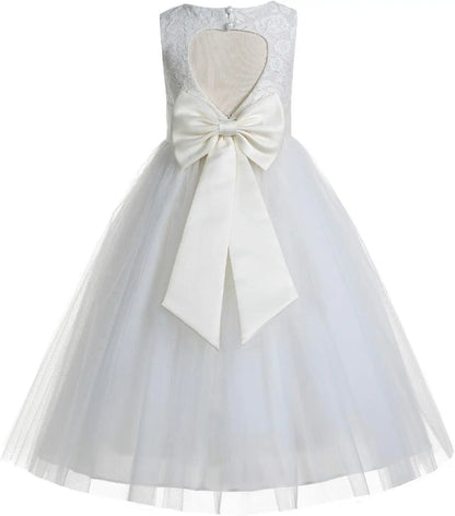 Ivory Floral Lace Heart Cutout Dress for Girls Junior Bridesmaid Pageant Gown Elegant Flower Girl Pageant Dresses