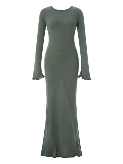 Women's Autumn Winter Knitted Bodycon Dress Long Sleeve Tie Backless Round Neck Solid Color Ruffle Trim Long Dress Beachwear