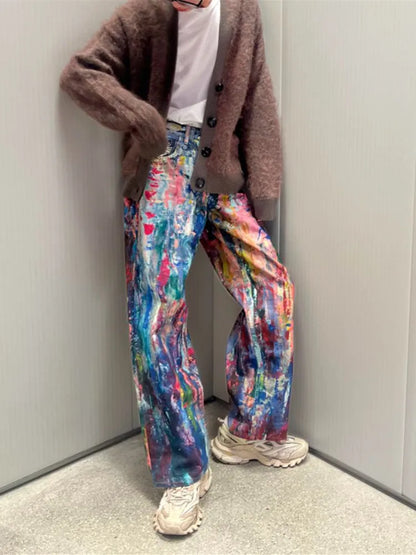 2026 Ropa Y2K Streetwear Graffiti Painting Baggy Jeans Pants For Men Designer Clothes Colorblock Kanye Wide Leg Denim Trousers