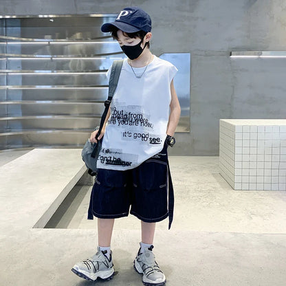 New Summer Children High Quality Cotton Clothing Set for Kids Boy Sleeveless Tshirt And Denim Shorts 2 Pieces Top Bottom Suit
