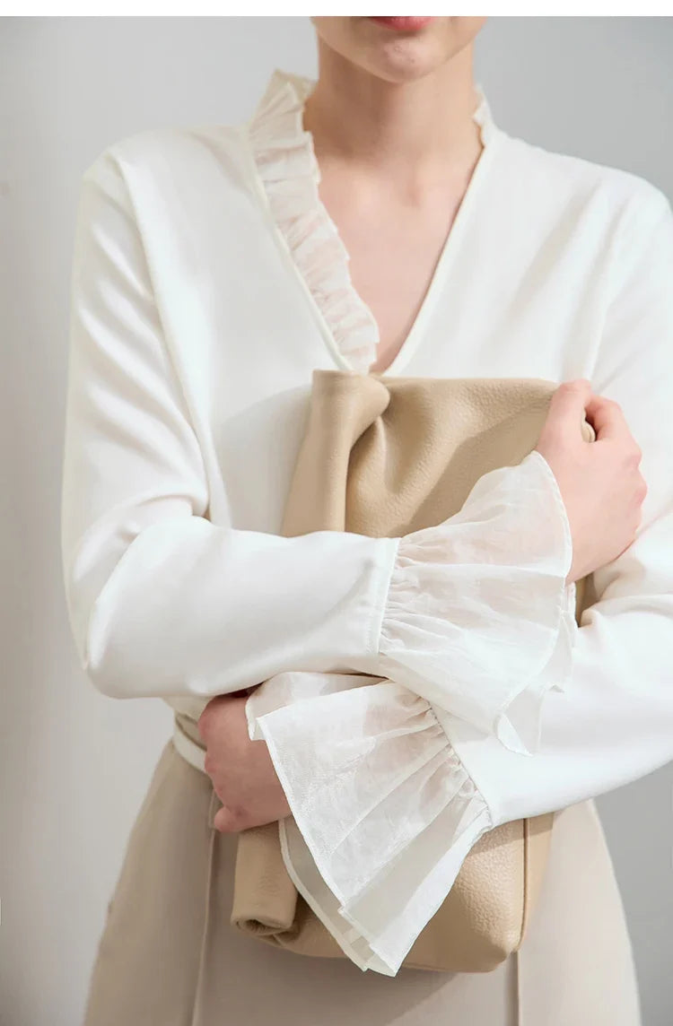 Minimalist Chiffon Shirt For Women 2025 Autumn New Office Lady V-neck Ruffle Splicing Loose Long Sleeved Blouse 12511078