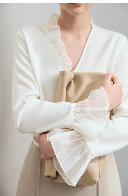 Minimalist Chiffon Shirt For Women 2025 Autumn New Office Lady V-neck Ruffle Splicing Loose Long Sleeved Blouse 12511078