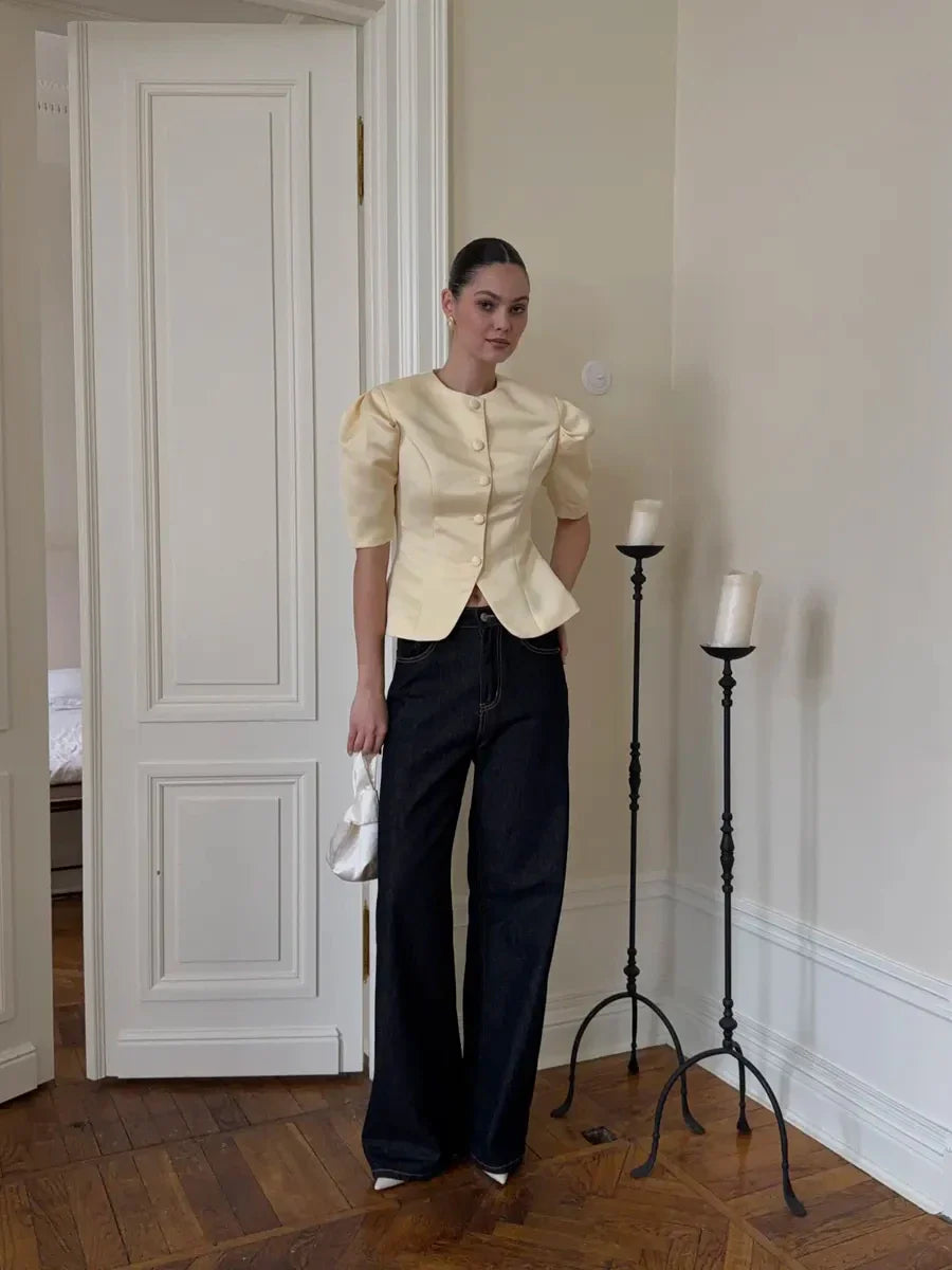 KT Elegant Satin Puff Sleeve Blouse for Women Round Neck Button Down Fitted Waist Asymmetric Hem Office & Formal Wear Tops