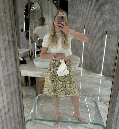 Snakeskin Printed Fashion Skirt Women's High Waist Slim Contrast Patchwork Commute Streetwear Female Vintage Y2k Skirt DDX8