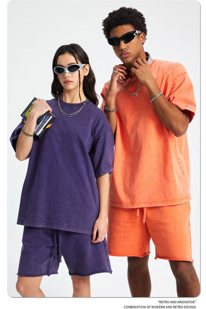 2025 High Street Summer Washed Cotton T-Shirt Tees For Men Unisex Loose Retro Solid T Shirts Brand Tops HY0113