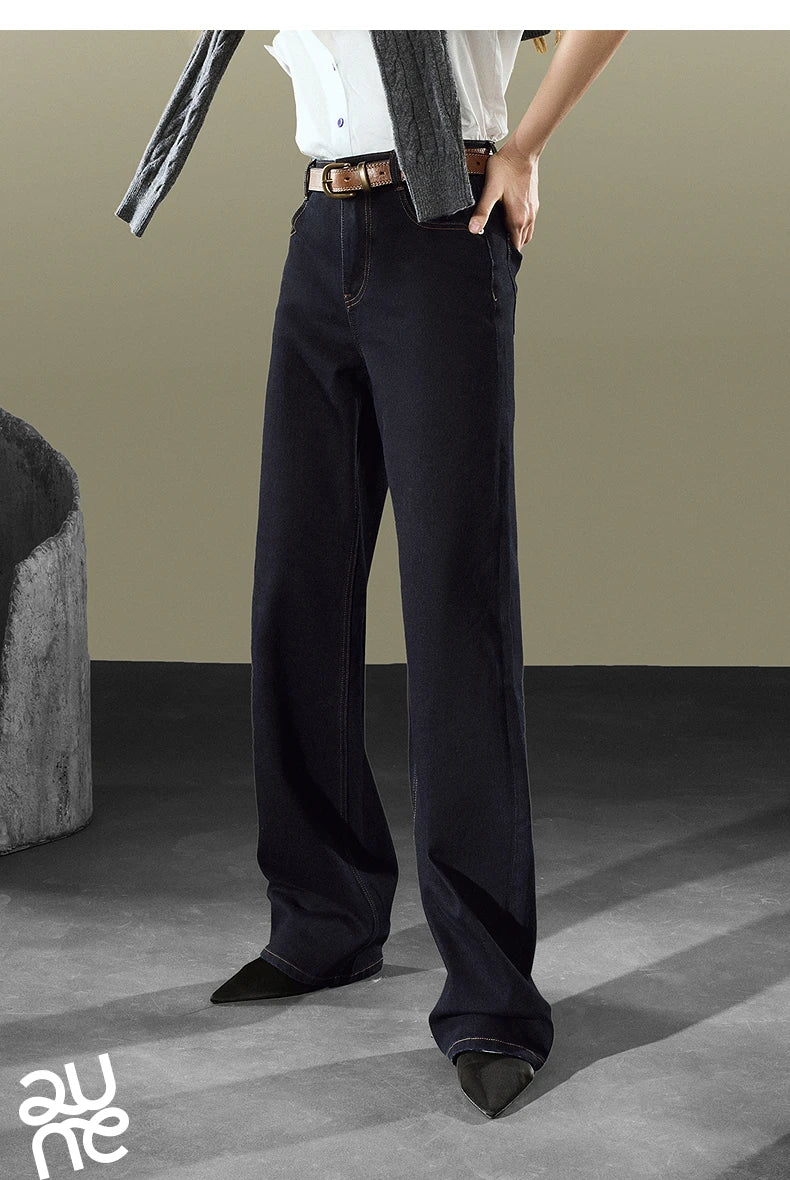 Women Denim Jeans 2025 Autumn New Lycra Stretch Straight Wide Leg Long pants