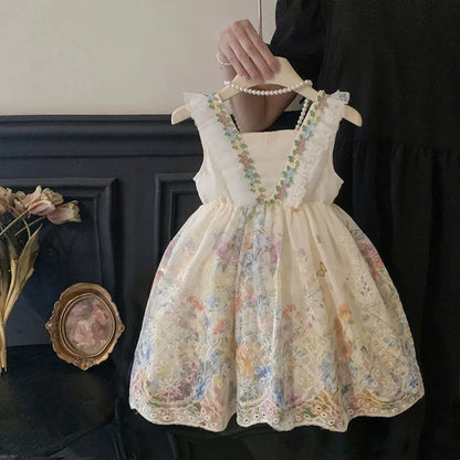 Fashion 2-7 Years Girl Print Lace Sleeveless Vest Princess Dresses Summer Beige Flower Kids Casual Clothes Korean Version