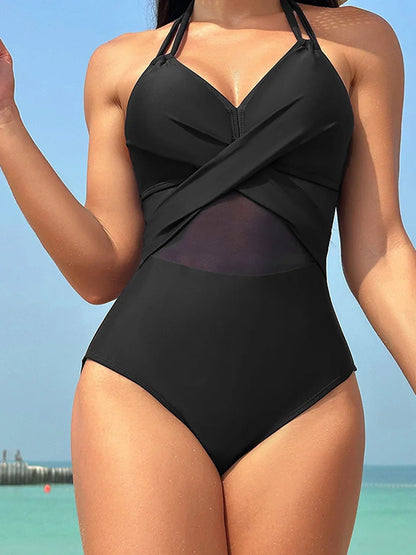 2026 Plain Ruched Mesh Swimsuit Women One Piece Ring Link Swimwear Female Sexy Bathing Swimming Suit Bodysuit Summer Beachwear