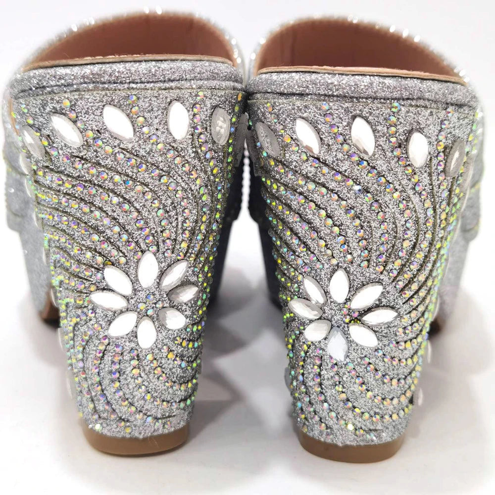 Women's Shoes High Heels Sexy Ladies Party Wedding Pattern Embroidery Mules Shoes and Bags Set for Italian 2023