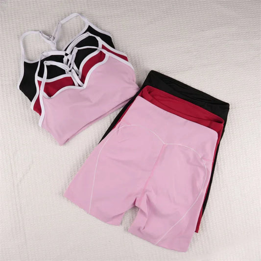Yoga Shorts Sets Fitness Sports Bras Suits Contrasting Color High Waisted Sportswear Workout Running Training Gym Clothing