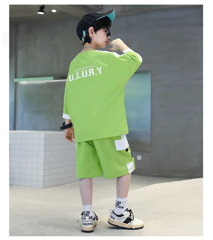Summer Boys Patchwork Alphabet Half Sleeves T-Shirt Tops+Shorts Pant School Kids Tracksuit Child 2PCS Outfit Workout Set 5-16 Yr