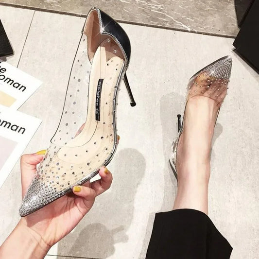 New Luxury Fairy Style Transparent High Heels Thin Heels Pointed Water Diamond Single Shoes Women's Crystal Wedding Shoes