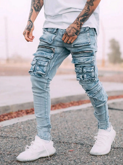 Men’s streetwear, multi pocket vehicle, snug, stretchy, light-colored jeans.