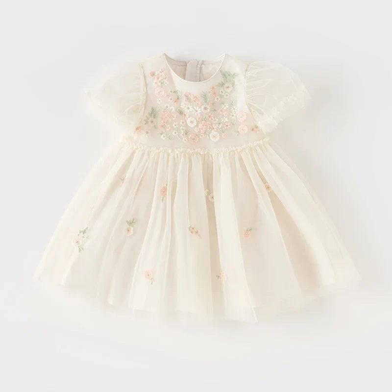 Children's Princess Dress for Girls 2025 New Summer Floral Puff Sleeves Mesh Charm Noble Cute Sweet Party DB2240549