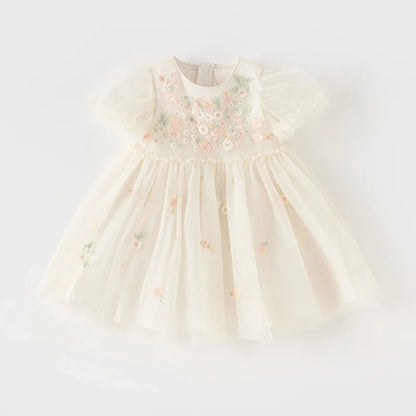 Children's Princess Dress for Girls 2025 New Summer Floral Puff Sleeves Mesh Charm Noble Cute Sweet Party DB2240549