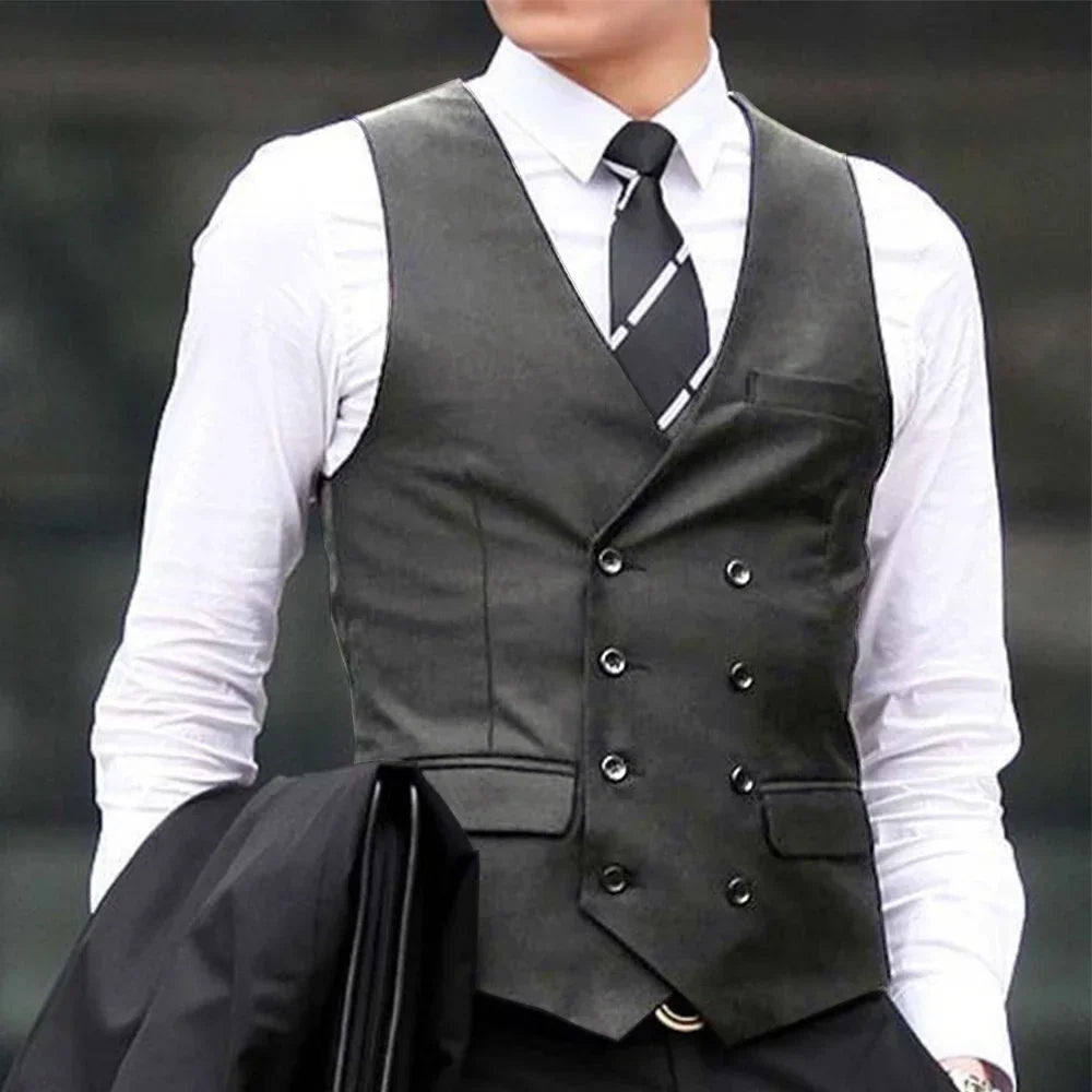 Men Vest Black Solid Double Breasted Waistcoat For Wedding Business Casual Banquet Formal Occasions Work Men Suit Vest