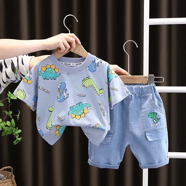 Summer Toddler Clothes Suit Full Print Dinosaur Pattern Short Sleeved Tshirt&shorts Set For Outdwear Tracksuit Boys Clothes Suit