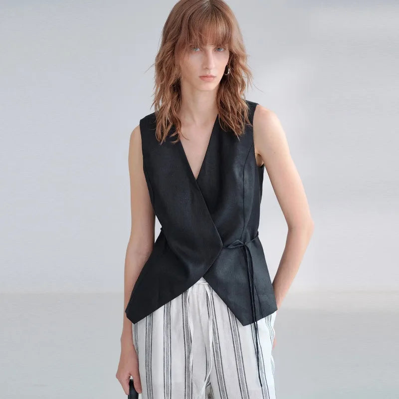 100% Linen V-Neck Vest Women's Tank Top French Vintage Lace-up Top Casual Sleeveless Office Ladies Waist-Cinched Linen Tops