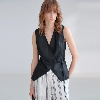 100% Linen V-Neck Vest Women's Tank Top French Vintage Lace-up Top Casual Sleeveless Office Ladies Waist-Cinched Linen Tops
