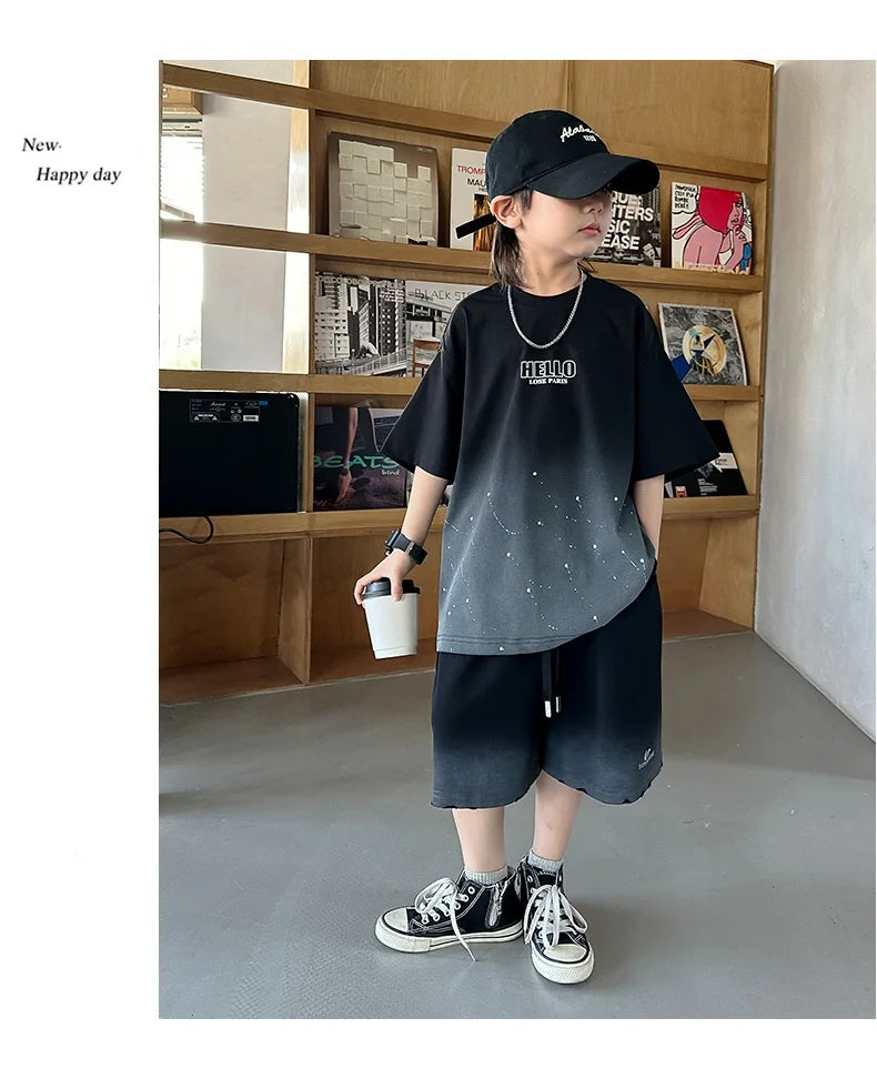 Summer Boys Cotton Leisure Star Print Gradient T-Shirt Top+Shorts Workout Set School Kids 2PCS Tracksuit Children Outfit 5-16 Yr