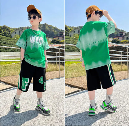 Summer Boys Cotton Alphabet Tie Dye t-Shirt Tops+Sweat Shorts Pant School Kids Tracksuit Child 2PCS Outfit Workout Set 5-16Years