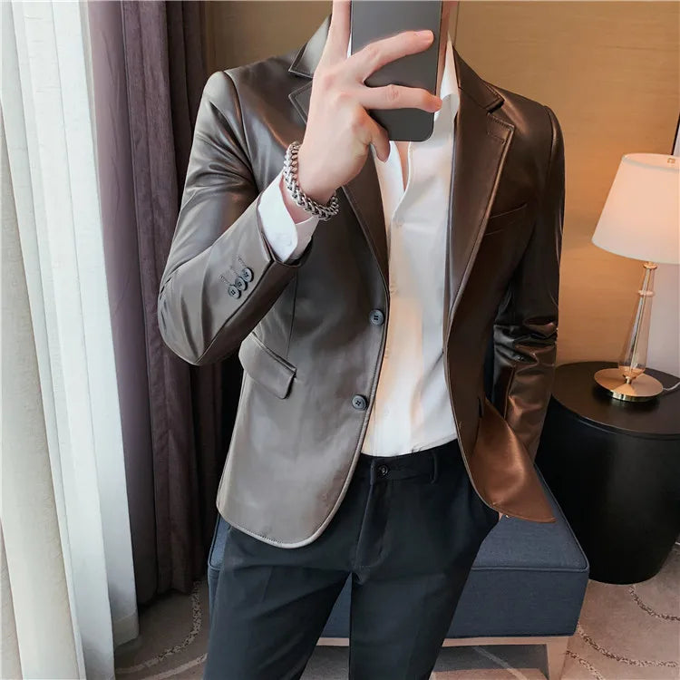 Men's Leather Jacket 2024 Autumn Highend Fashion Solid Slim Fit Business Blazers Coats Korean Casual PU Leather Suit Tuxedo