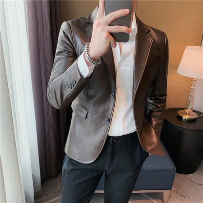 Men's Leather Jacket 2024 Autumn Highend Fashion Solid Slim Fit Business Blazers Coats Korean Casual PU Leather Suit Tuxedo