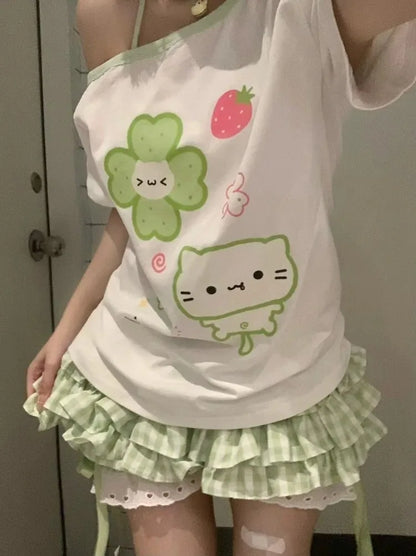 Ezgaga Harajuku T Shirts Women Cartoon Sweet Diagonal Collar Short Sleeve Off Shoulder Funny Tops Female Y2k Ladies Tshirts