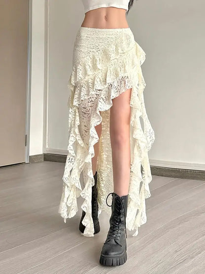 Women Tassel Skirt Irregular Hem Multi Layered Ruffles Lace Patchwork Sweet Summer Daily Wear Skinny Versatile Purple Skirt