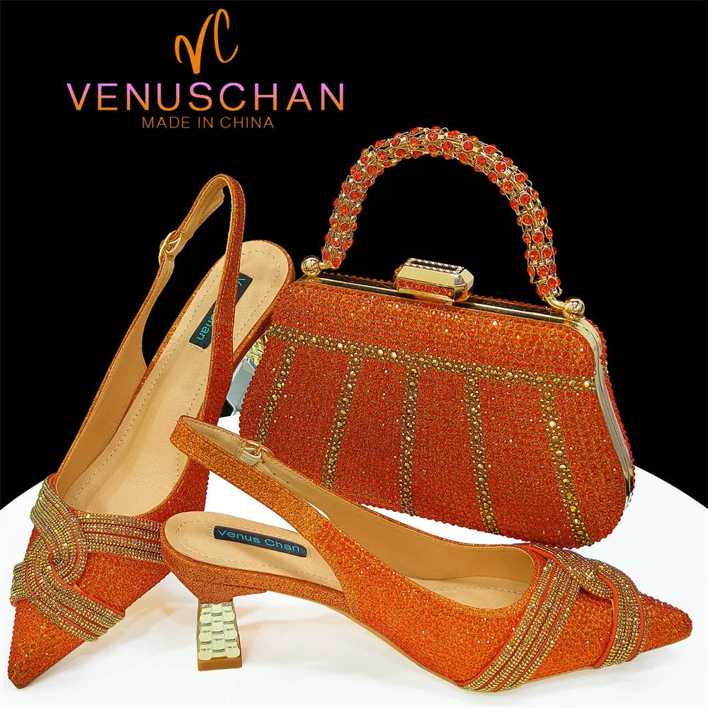 2024 Special Design High Quality Orange Color African Women Shoes and Bag Set with Shinning Crystal for Wedding Party