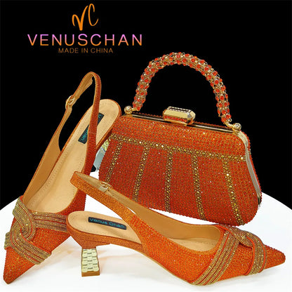 2024 Special Design High Quality Orange Color African Women Shoes and Bag Set with Shinning Crystal for Wedding Party