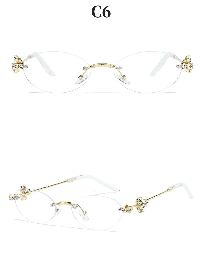 Women's Fashion Glasses Exquisite Diamond Decoration Sunglasses Oval Shaped Frame Cut Edge Frameless Small Outdoor Sun Glasses