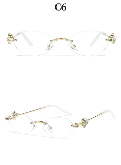 Women's Fashion Glasses Exquisite Diamond Decoration Sunglasses Oval Shaped Frame Cut Edge Frameless Small Outdoor Sun Glasses