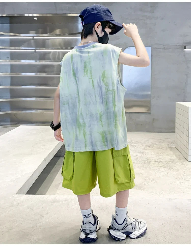 New Summer Kids Clothing Set Sleeveless T-shirt Suit with Shorts for Boy Luxurious Cotton Tracksuit 5 6 7 8 9 10 11 12 13 14 T